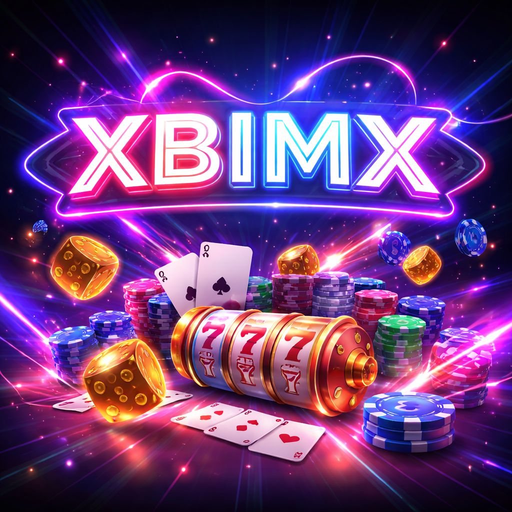 Letrero de neón XBIMX brillante rodeado de dados flotantes, fichas de póker y carretes de tragamonedas contra un fondo azul oscuro.