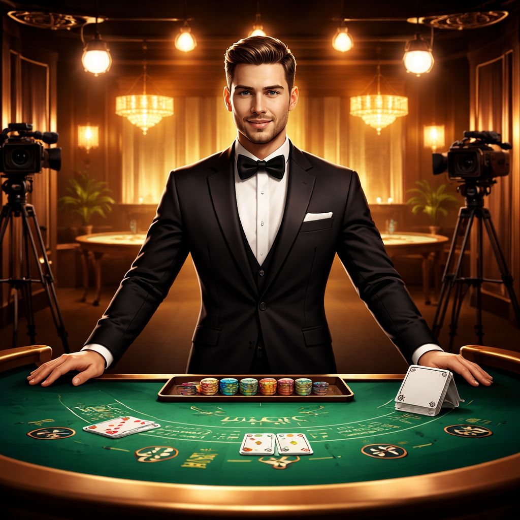 Un crupier profesional en vivo presentando cartas en una lujosa mesa de blackjack filmada en un moderno estudio de transmisión.