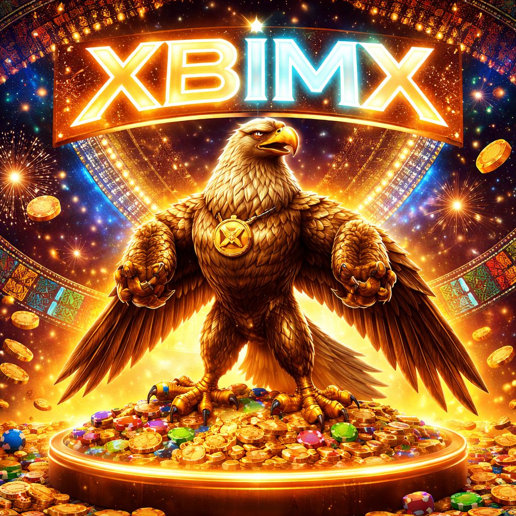 Una majestuosa mascota águila dorada posando orgullosa para el casino XBIMX, con monedas de oro cayendo y luces de neón de fondo.