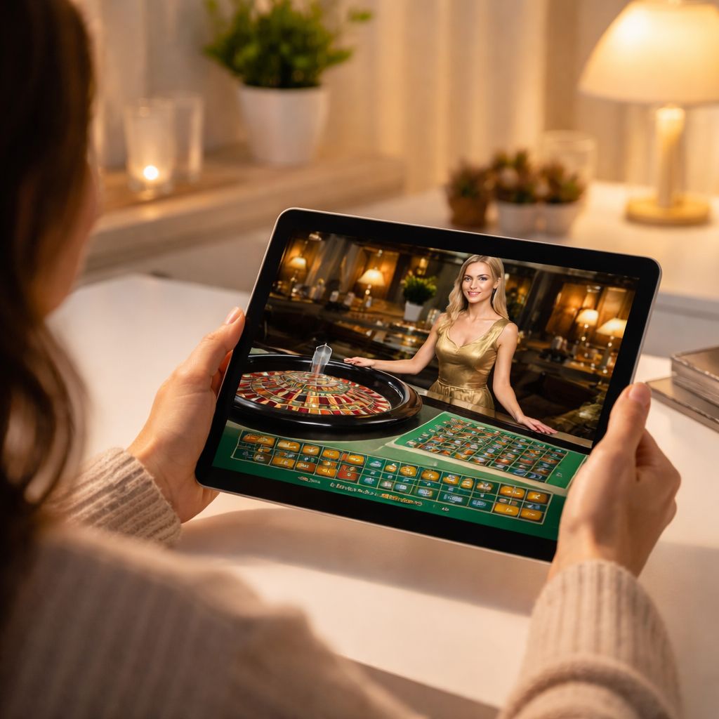 Una mujer disfrutando una sesión de ruleta con crupier en vivo en su tablet a través de la plataforma XBIMX.