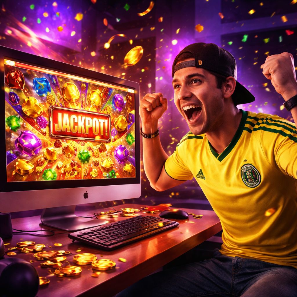 Un jugador mexicano emocionado ganando un jackpot en una colorida máquina tragamonedas en línea en el casino XBIMX.