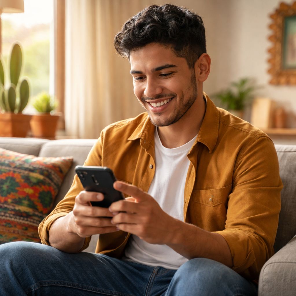 Un joven mexicano feliz registrándose en XBIMX usando su smartphone mientras se relaja en casa.